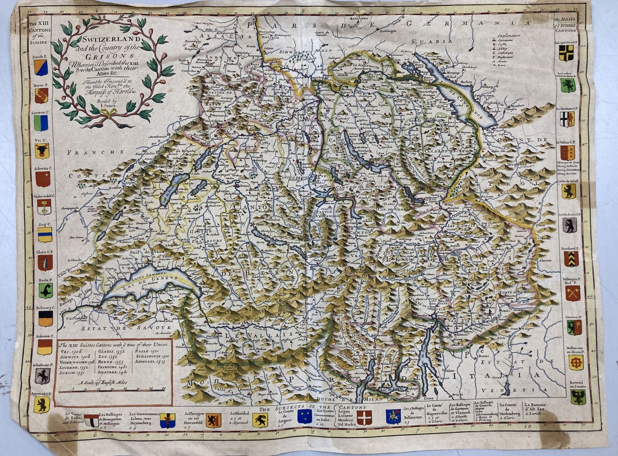 John Senex, coloured engraving, Map of Switzerland, 42 x 55cm,